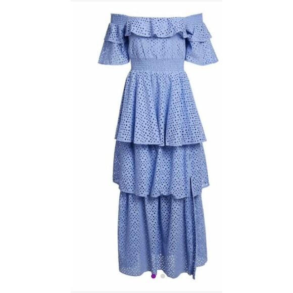 KENDALL + KYLIE Blue Eyelet Tiered Ruffle Anglaise Off-Shoulder Dress Size 4/6 - Picture 2 of 6